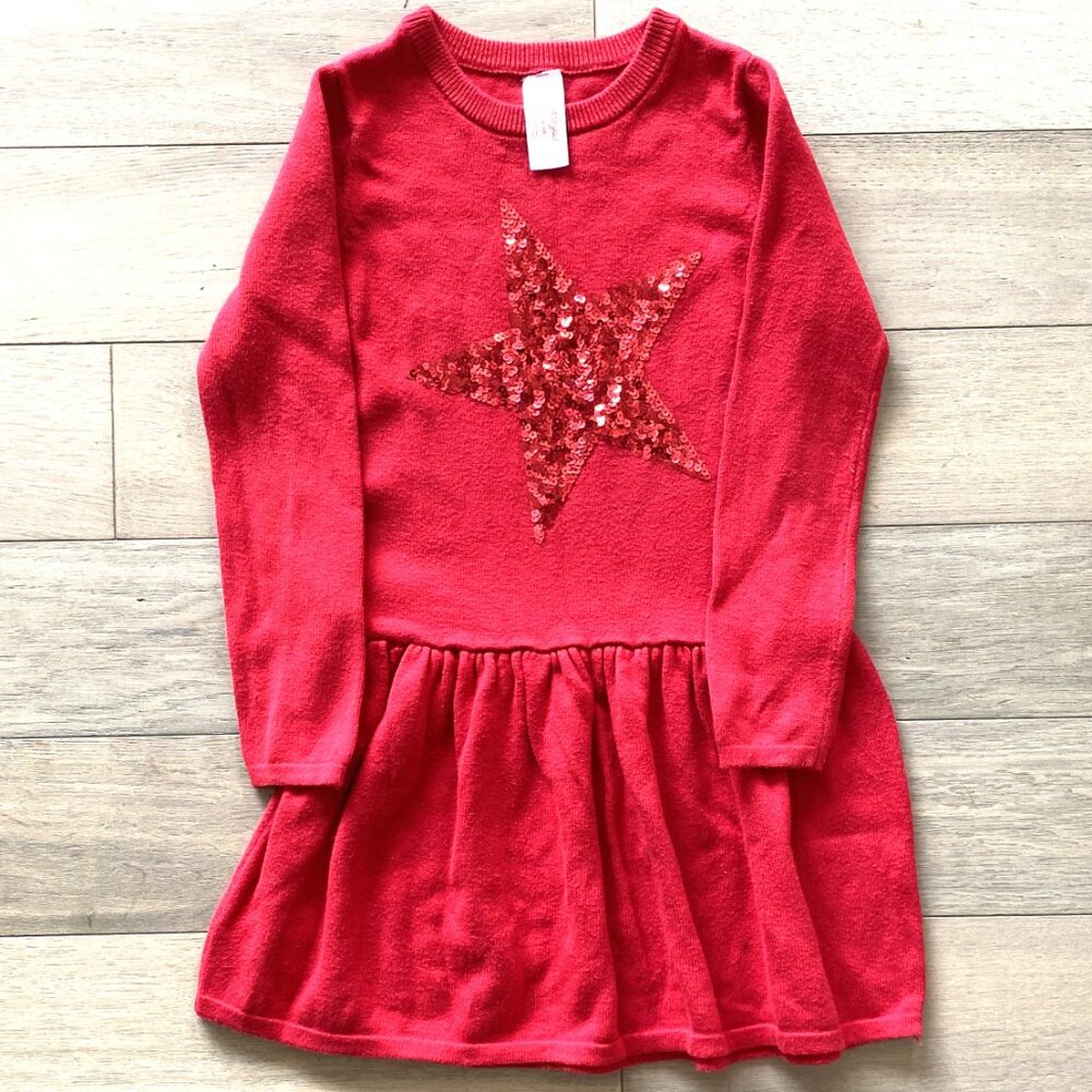 Cat & Jack Red Sweater Star Design Long Sleeve Dress, Size 6/6x